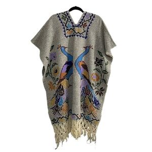 Vintage Bohemian Mexican Hand Woven Embroidered Peacock Poncho Fringe O/S